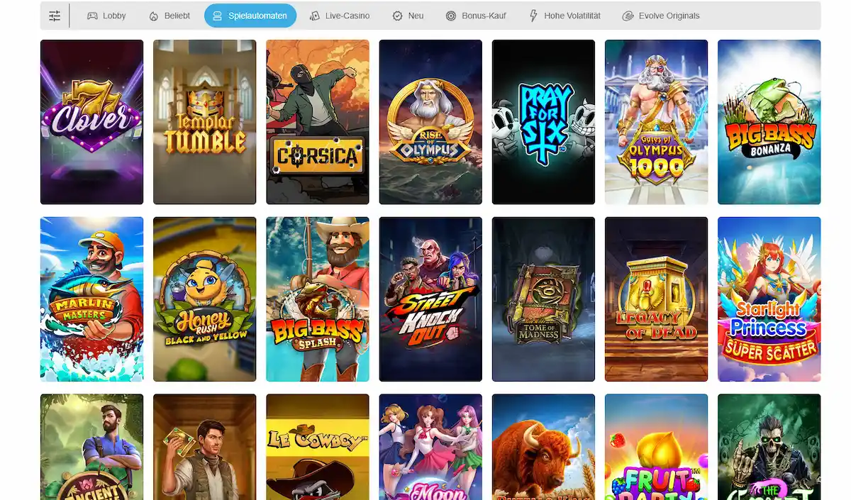 Evolve Casino Startseite – Spiellobby und Willkommensbonus